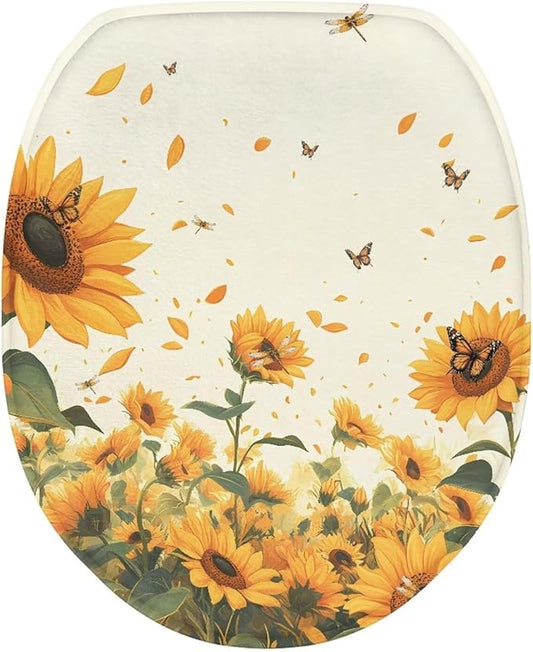 Sunflower Toilet Cover Seat Dust Covers Soft Flannel Fabric Bathroom Covers Elastic Edges Stretch Washable Toilet Lid Covers for Bathroom Covers Stains