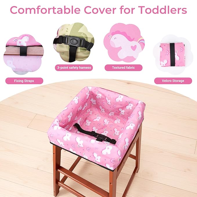 COOLBEBE Baby High Chair Cover with 3-Point Harness, Waterproof & Machine Washable Portable Seat Cover, Fits Wooden Chairs for Restaurant, Travel, Home & Dining Out, Pink Unicorn