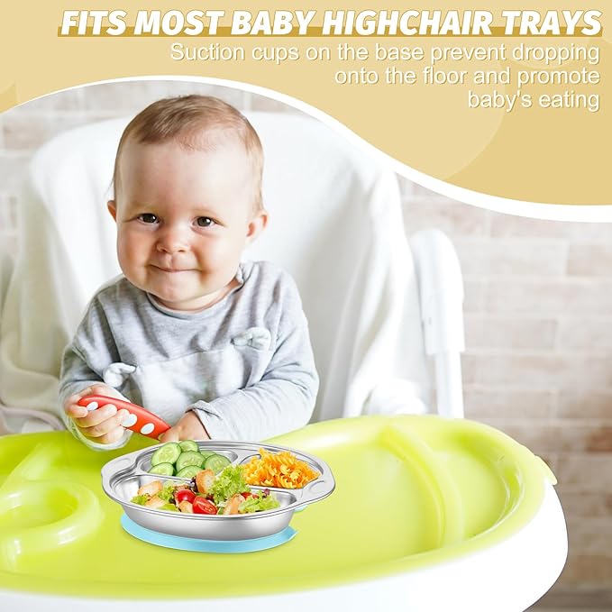 304 Stainless Steel Baby Plates Suction Plates for Baby Stainless Steel Plates for Kids with Suction Divided Designed for Feeding Children（Blue）