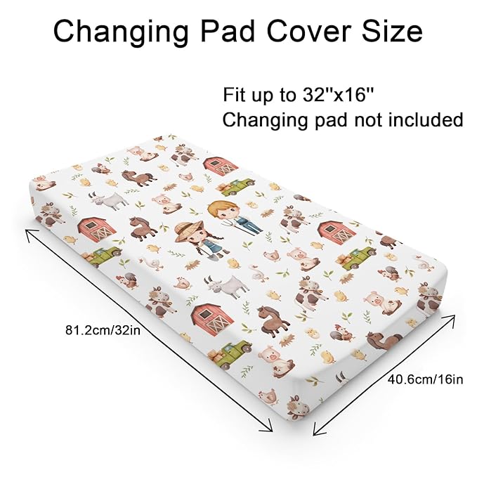 Baby Farm Life Changing Pad Cover for Boy Girl 32''x16'' Farm Animals Pig Goat Horse Cow Chick Rooster Duck Leaves Barn Truck Fitted Changing Pad Sheets Soft Breathable Diaper Change Table Mats