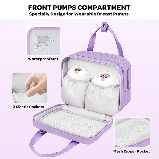 Wearable Breast Pump Bag with Cooler Compartment Compatible with Momcozy M5/S12 Pro, Elvie & Medela Pump in Style, Carrying Case with a Ice Pack & Waterproof Mat for Breast Pump and Accessories,Purple