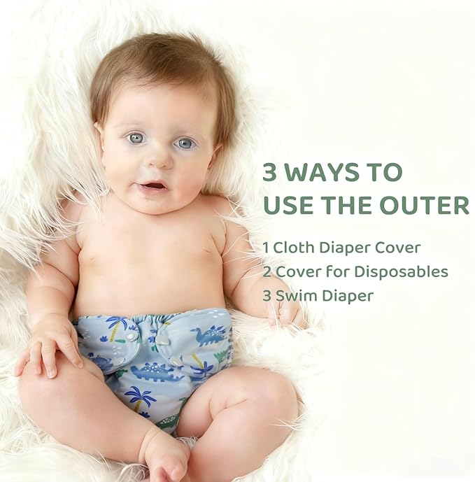BISENKID 2 Pack Waterproof Cloth Diapers Reusable Swim Diaper - Adjustable Outer Shell with 3 Pack Absorbent Diaper Liners to Prevent Urine Blowouts for Baby Boy, Size 1 (7-17Pound)