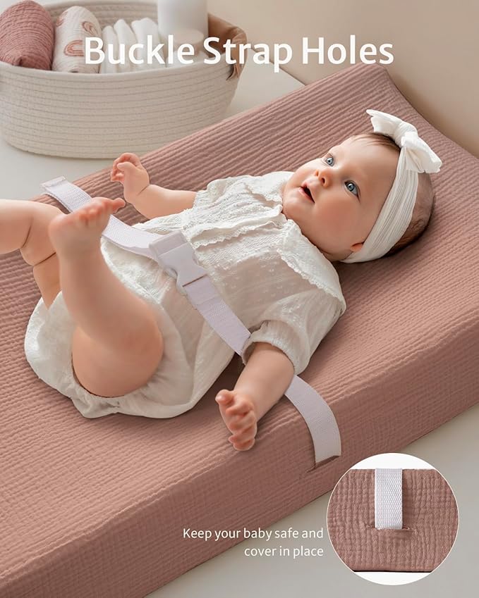 Blissful Diary Muslin Changing Pad Cover for Baby Girls, Ultra Soft Breathable Cotton, Baby Diaper Change Table Pad Covers, 2Pack (Checkered Pink & Dusty Pink)