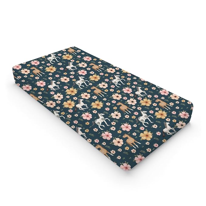 Watercolor Horse Boho Floral Changing Pad Cover Cute Horses Baby Diaper Change Table Pad Cover for Boys Girls Soft Breathable Stretch Snug Fitted Diaper Changing Mat Sheets Covers 32''x16'' Navy