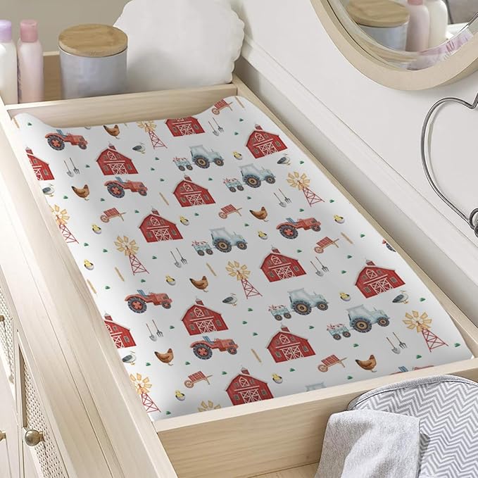Watercolor Farm Animals Life Changing Pad Cover Funny Barn Chicken Pig Duck Tractor Fitted Baby Changing Table Sheets for Boys Girls Soft Breathable Stretch Baby Changing Pad Covers 32''x16''