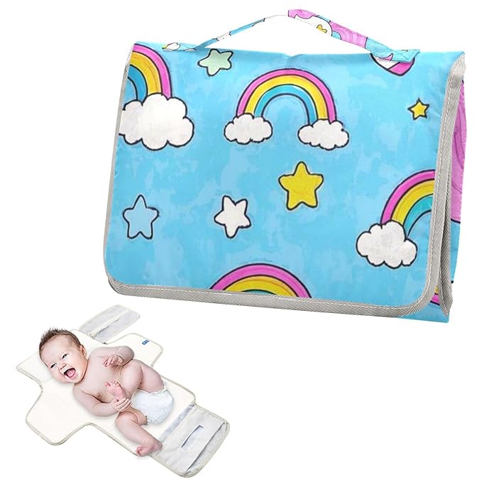 Cartoon Cute White Rainbow Unicorns Reusable Changing Table pad with Tissue Pocket Diaper mat Changing pad Travel Lightweight & Foldable Changing Station cambiador de pa?ales para Bebes