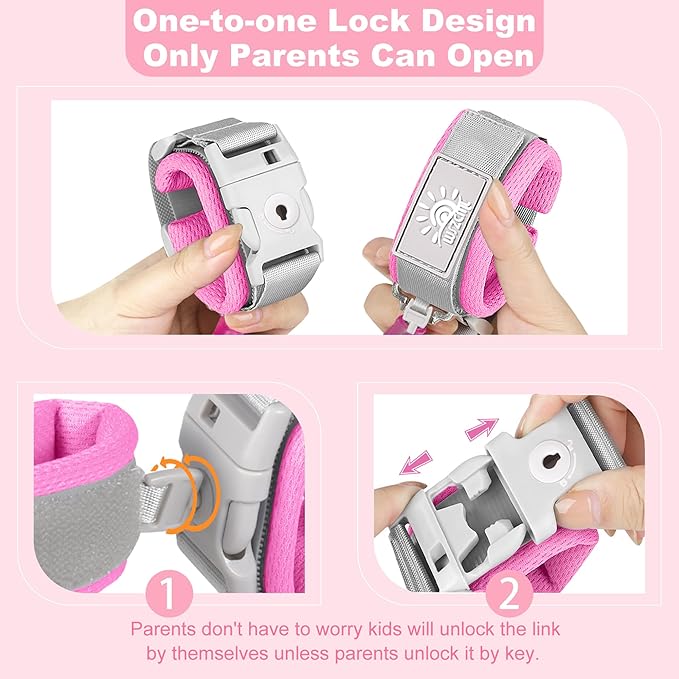 Toddler Harness Walking Leash- Child Anti Lost Wrist Link - Child Safety Harness - Upgrade with Reflective(6.5ft) - for Boys and Girls,Not Easy to Open Without Key (Pink)