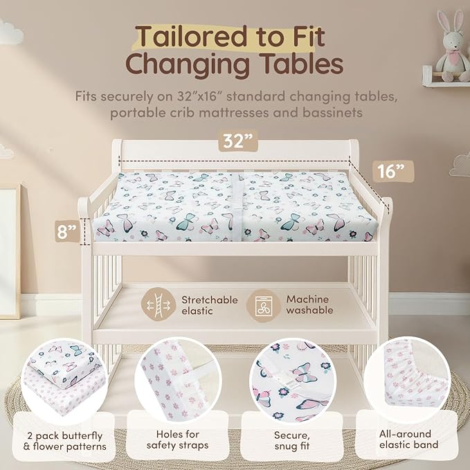 Baby Diaper Changing Pad Covers Table Sheets 32"x16", 8"Deep Pocket - Floral Changing Pad Cover, 100% Cotton Baby Girl Butterfly Nursery Change Pads Sheets 2 Pack, Designed in France, White-Light Pink
