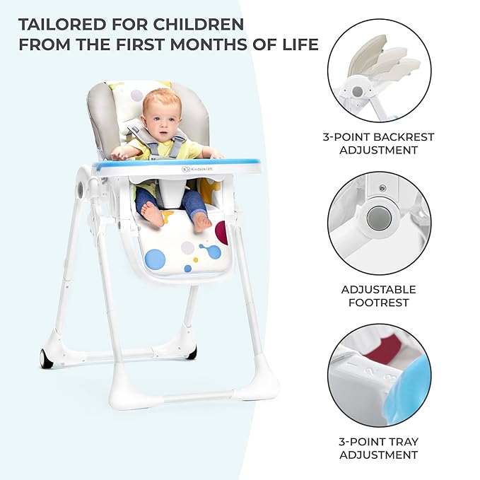 Kinderkraft Highchair Yummy, Baby Chair, Ergonomic, Comfortable, Reclining, Foldable, with Ajustable Height, Footrest, Detachable Double Tray, for Toddler, from 6 Month to 3 Years, Multicolor