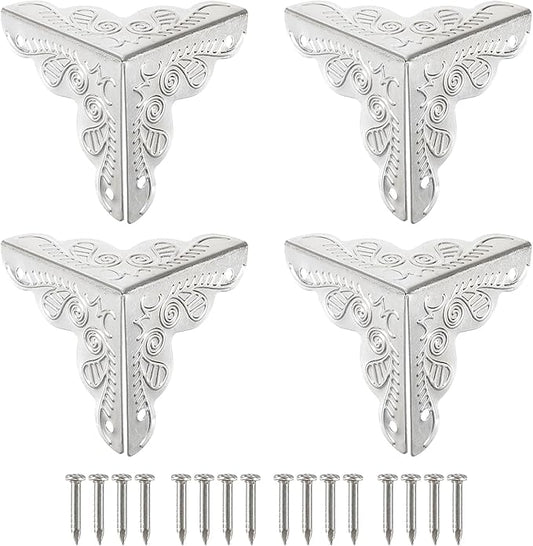 uxcell 48 Pcs Box Edge Guard, 25mm Decorative Box Corner Cover, Corner Protector, Vintage Stair Dust Corners with Screws, Silver