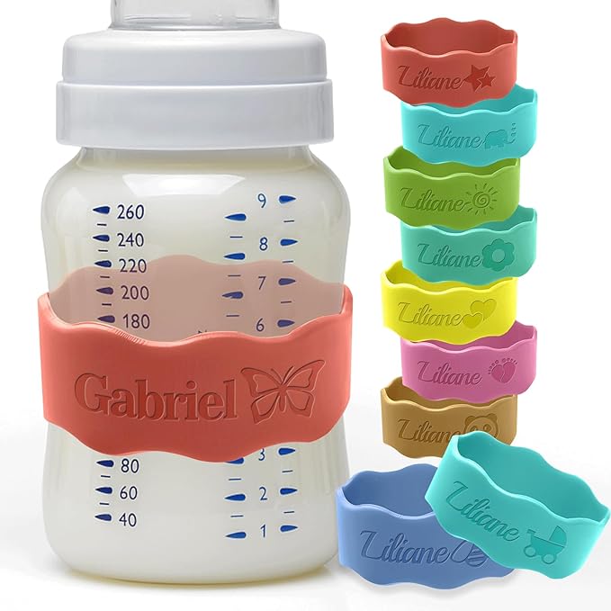 Personalized Baby Bottle Labels for Daycare Custom Silicone Water Bottle Bands Engraved Customized Reusable Name Straps for Kids Girl Boy Baby Shower Gifts Coral Red