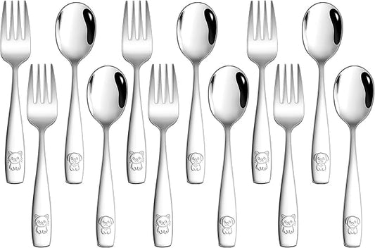 LIANYU 12 Pieces Kids Silverware Set, Stainless Steel Toddler Utensils, Food Grade Toddler 6 Forks and 6 Spoons for Self-Feeding, Metal Kids Cutlery Set with Cute Pattern, Dishwasher Safe