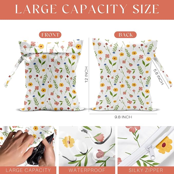 4 Pack Cute Wet Bag Waterproof Washable Reusable Wet Dry Bag for Swimsuit Dirty Clothes Diaper Travel Beach Pool Gym Birthday Bachelorette Party Camping Toiletries Beach Essentials，Floral Wildflower