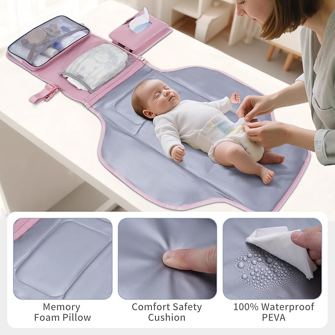 CEICEI Portable Diaper Changing Pad Waterproof Travel Baby Changing Mat with Large Wet/Dry Pocket & Elastic Wipes Pockets, Foldable Compact for On-The-Go Diaper Changer (Pink)