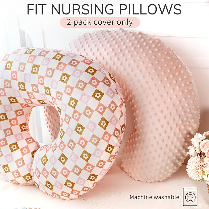 Nursing Pillow Covers 2 Pack, Orange Minky Dots Breastfeeding Pillow Slipcover for Baby Boys Girls, Ultra Comfortable Nursing Pillow Protector, Soft and Machine Washable, Flower Checkerboard