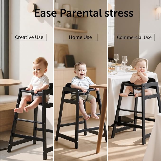 4-Pack Wooden Baby High Chair -Stack-able Solid Wood Feeding Seats, with Commercial Grade Solid Wood for Dining Table & Kitchen - Compact & Portable Design for Restaurant & Home Use（Black）