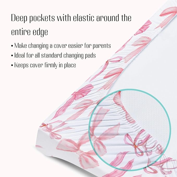 Baby Girls Changing Pad Covers Watercolor Pink Bows, Cute Ribbon Bowknot Safe Snug Fitted Diaper Table Sheet, Soft Breathable Stretchy Change Mat Shower Gift Fit 32 34 x 16