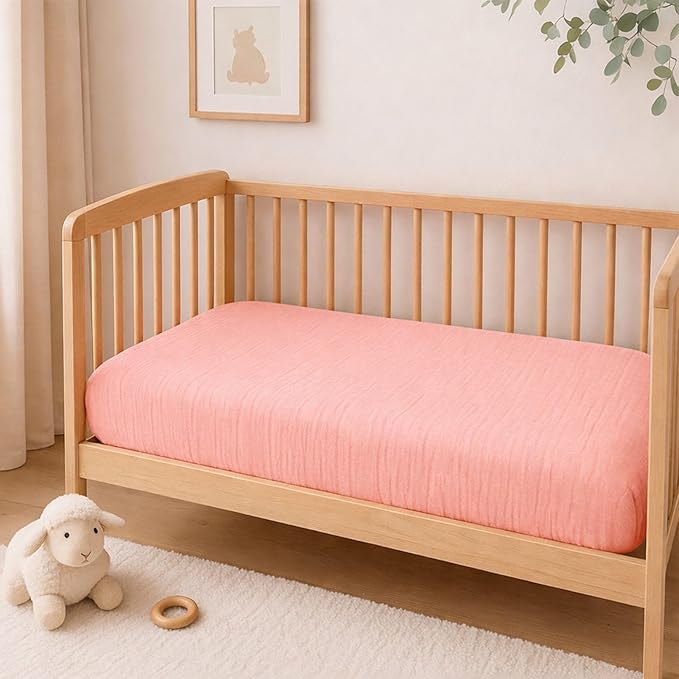 2 Pack Blush Muslin Crib Sheets for Boys & Girl- Neutral Breathable Cotton Crib Mattress Sheets Fitted for Standard 28"x 52"- Nursery Décor No Slip Crib Bed Sheets