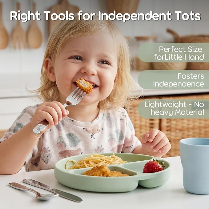 Lehoo Castle Kids Silverware Stainless Steel 6-Piece - Toddler Spoons and Forks Knife Set, Toddler Utensils for 3 Year Old, Child-Safe Flatware for Self Feeding (Dinosaur)