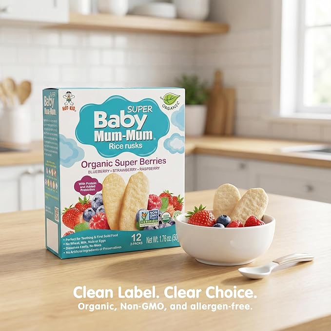 Baby Mum-Mum Organic Gentle Teething Crackers, Blueberry & Goji Berry, Super Berry, Sweet Potato & Carrot Variety Pack | 24 Count (Pack of 3) | Gluten Free, Allergen Free, Non-GMO