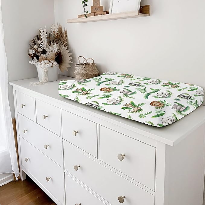 Baby Safari Animals Tropical Palm Leaves Changing Pad Covers Lion Elephant Giraffe Zebra Hippo Diaper Change Table Pad Covers for Girl Boy Soft Breathable Stretch Changing Mat Sheets 32''x16''