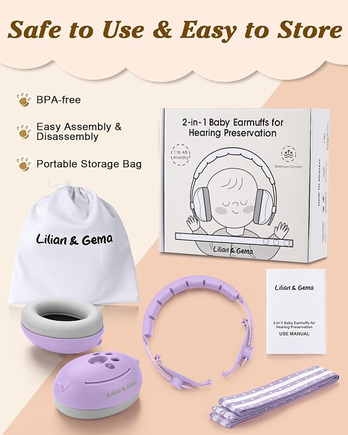 Lilian&Gema 2-in-1 Baby Ear Muffs Noise Protection up to 48 Months - Baby Airplane/Travel Essentials - Adjustable Noise Reduction Earmuffs - Ear Protection Headphones for Infant & Toddler, Purple