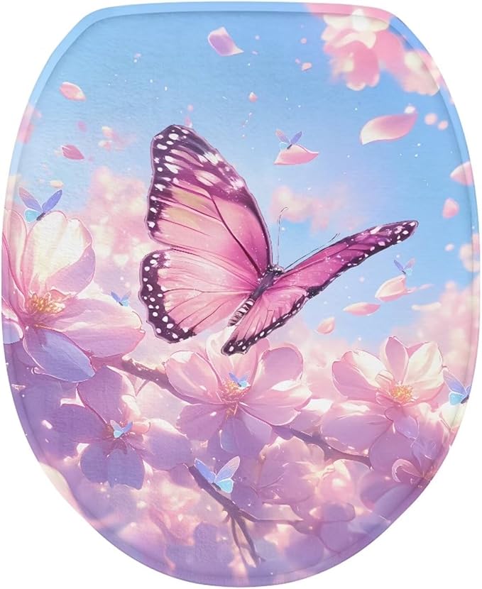 Pink Butterfly Toilet Lid Cover Protector Soft Flannel Fabric Toilet Cover Set Stretch Washable Protector Cover Suitable for Home School Hotel Dormitory Apartment