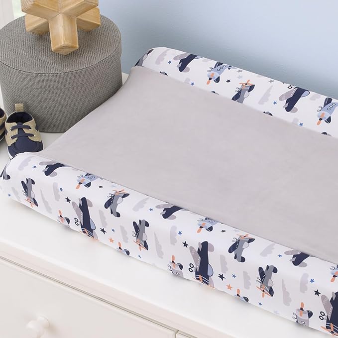 Little Love by NoJo Soar High Lil One Contoured Changing Pad Cover with Airplane Pattern - Soft Plush Center Panel for Baby Comfort - 16" x 32" x 6" - Gray, Navy, Light Blue, and White