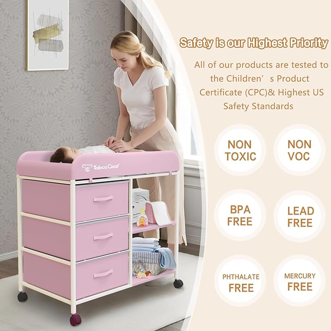 Baby Changing Table, Portable Changing Table, Diaper Changing Station with Waterproof Pad, Changing Table Dresser with 3 Storage Baskets, Mobile Nursery Organizer for Newborn Essentials