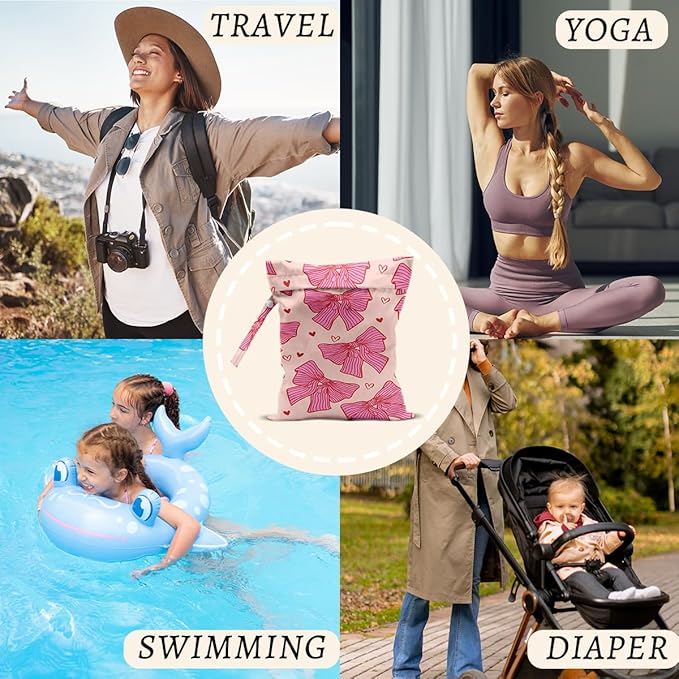 2Pcs Pink Bow Wet Bags 12x10 Inch, Heart Waterproof Travel Laundry Bags, Washable Reusable Wet Dry Bag for Swimsuit Pool Beach Diapers Dirty Yoga Gym Clothes, Pink Gifts for Women Friend Travelers