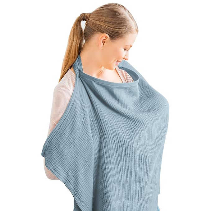 Konssy Muslin Nursing Cover for Baby Breastfeeding, Breathable 100% Cotton Breastfeeding Cover with Rigid Hoop for Mother Nursing Apron, Multi-use Carseat Canopy (Blue)