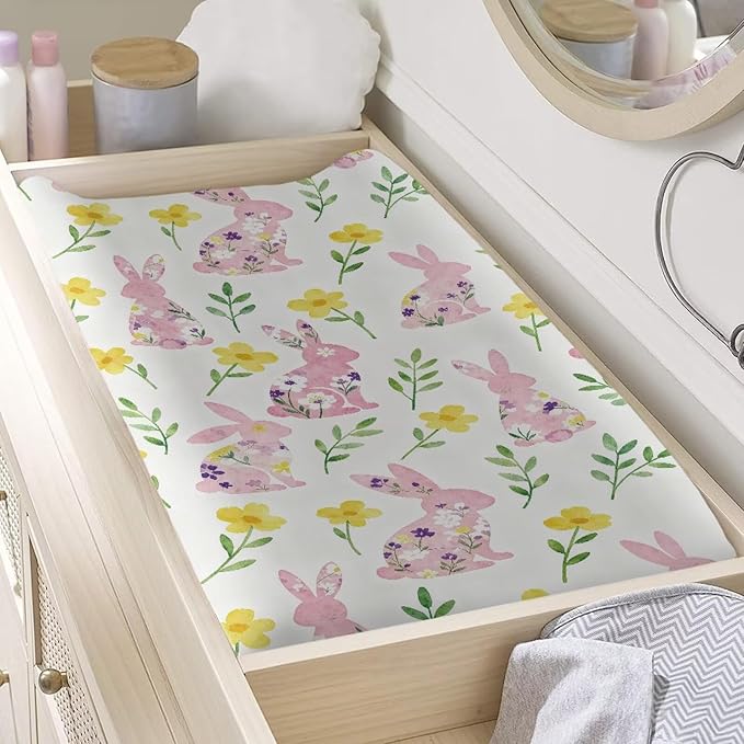 Rabbit Changing Table Pad Cover Flower Diaper Changing Pad Cover White Baby Changing Pad Cover 32''*16'' Diaper Changing Cover