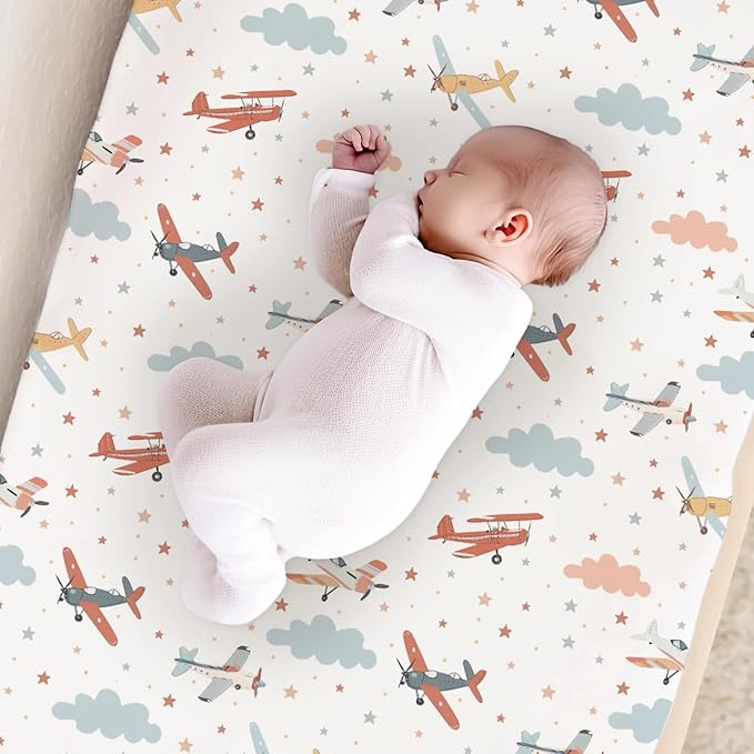 Cartoon Colorful Plane Clouds Stars Pattern Baby Changing Pad Cover, Unisex Plane Nursery Diaper Changing Table Pad Mat Sheet for Boys Girls-16x32