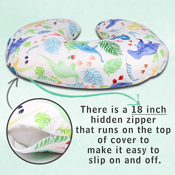 Dinosaur Nursing Pillow Cover, Breastfeeding Pillow Slipcover for Baby Boys & Girls, Nursing Pillow Case for Newborn, Soft Fabric Fits Snug On Infant, Washable & Breathable, Watercolor Dinosaur