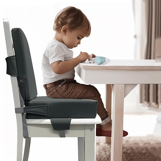 Eiury Booster Seat for Dining Table, PU Anti-Scratch Easy Cleaning Kids Toddler Booster Seat for Table, Portable Travel Increasing Cushion for Chair - Dark Grey