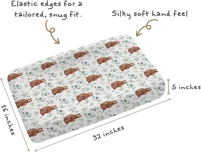 Changing Pad Cover for Baby Girls, 32"/34" x 16" Safe Snug Diaper Change Table Pad Covers, Soft Stretchy Changing Pad Sheets Highland Cow Eucalyptus Leaves Theme Nursery Decor