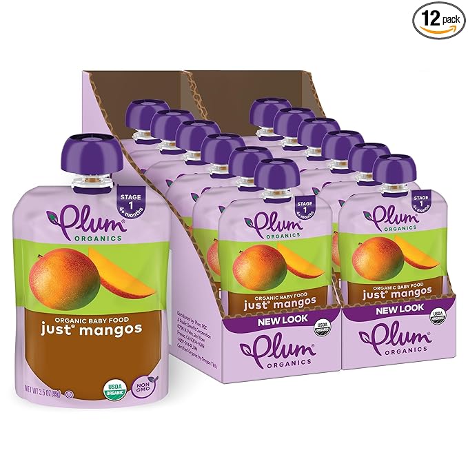 Plum Organics - 4+ Months Organic Baby Food Pouches - Just Mangos - Non-GMO - Fruit & Veggie Blends On-The-Go Pouches for Baby & Toddler Meals - Quality Tested Ingredients - 3.5 oz (Pack Of 12)