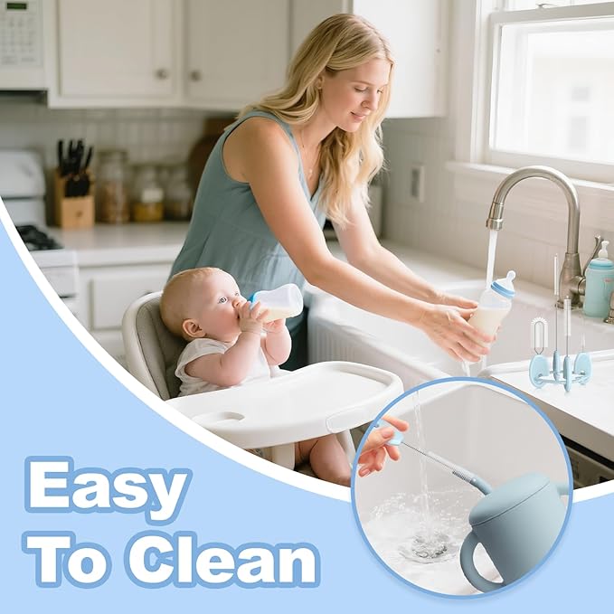 YOTIME 4 in 1 Straw Cleaner Brush Set, Reusable Standing Straw Brushes with Holder Ring, for Baby Bottles, Sippy Cups and Lids, Blue