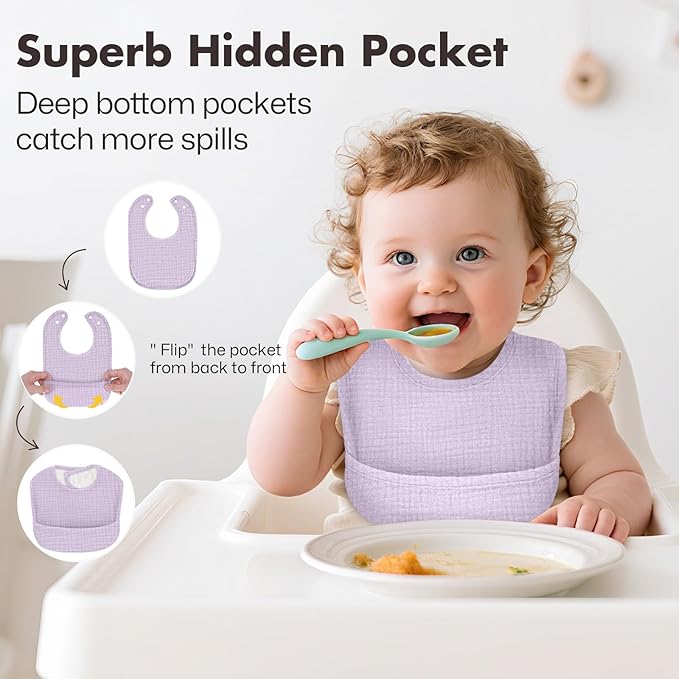 Drool Bibs for Baby Girls & Boys, 8 Pack Baby Muslin Bibs for Drooling and Teething with Hidden Pocket, Soft Cotton, Extra Absorbent, Mess-proof, for Toddler, Newborn, Infant