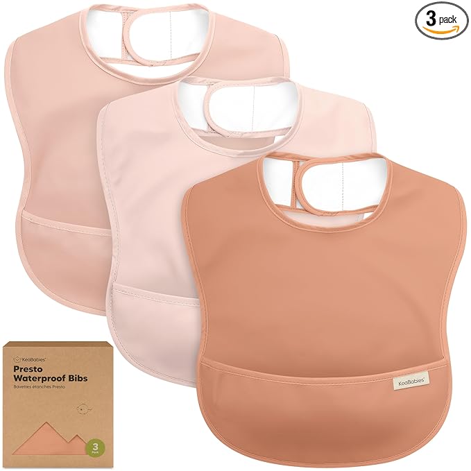 KeaBabies 3-Pack Waterproof Baby Bibs for Eating - Lightweight Toddler Feeding Bibs with Large Food Catcher, Mess Proof, Food-Grade Baby Eating Essentials, Easy to Put On & Clean (Fawn)