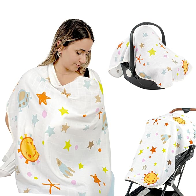 Multipurpose Muslin Cover 100% Cotton - Breathable Baby Essential, Breastfeeding, Nursing, Car Seat, Stroller Cover, Tummy Time Mat & Burp Cloth All in One (Space Pattern) (Pack of 1)