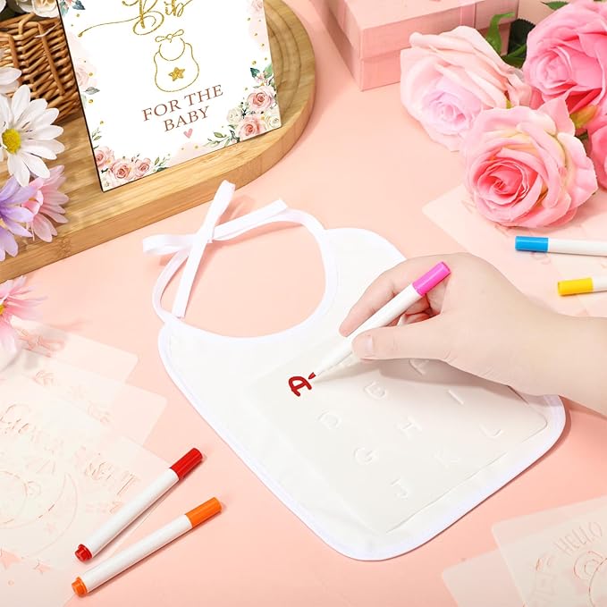 Panitay 100 Pcs DIY Baby Bibs Decorating Kit 50 White Bibs 25 Stencils 24 Markers 1 Baby Shower Game Sign
