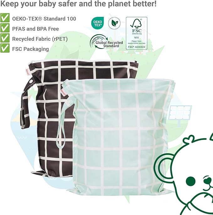 HECCEI Wet Dry Bag, 2-Pack Reusable Waterproof Wet Bags for Swimsuits & Baby Clothes, Leakproof Cloth Diaper Wet Bags for Travel & Diaper Changes (Soft Check)