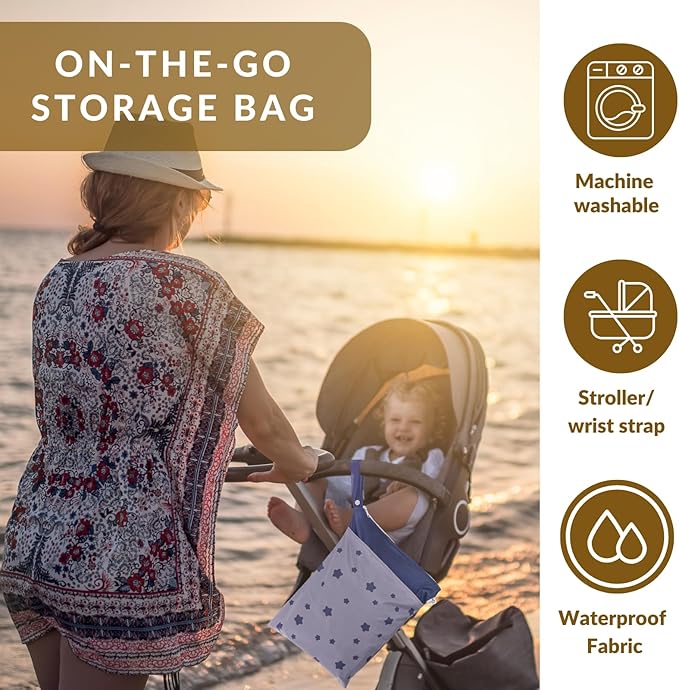 Cloth Diaper Wet Bags – Waterproof & Reusable Bag with 2 Zippered Pockets, 100% Polyester with Handle, Perfect for Stroller, Travel, Baby Essentials & Breast Pump Storage (Pale Mauve Wave)