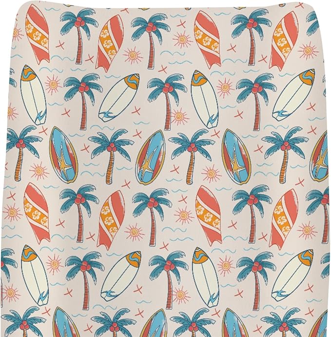 Retro Boho Surfing Changing Pad Covers for Baby Girls Boys Vintage Summer Surfboards Coconut Palm Trees Sun Fitted Change Table Pad Covers Mats Beach Life Soft Diaper Changing Pad Sheets 32''×16''