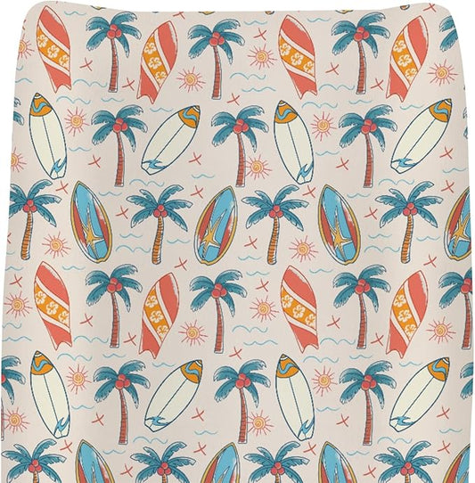 Retro Boho Surfing Changing Pad Covers for Baby Girls Boys Vintage Summer Surfboards Coconut Palm Trees Sun Fitted Change Table Pad Covers Mats Beach Life Soft Diaper Changing Pad Sheets 32''×16''