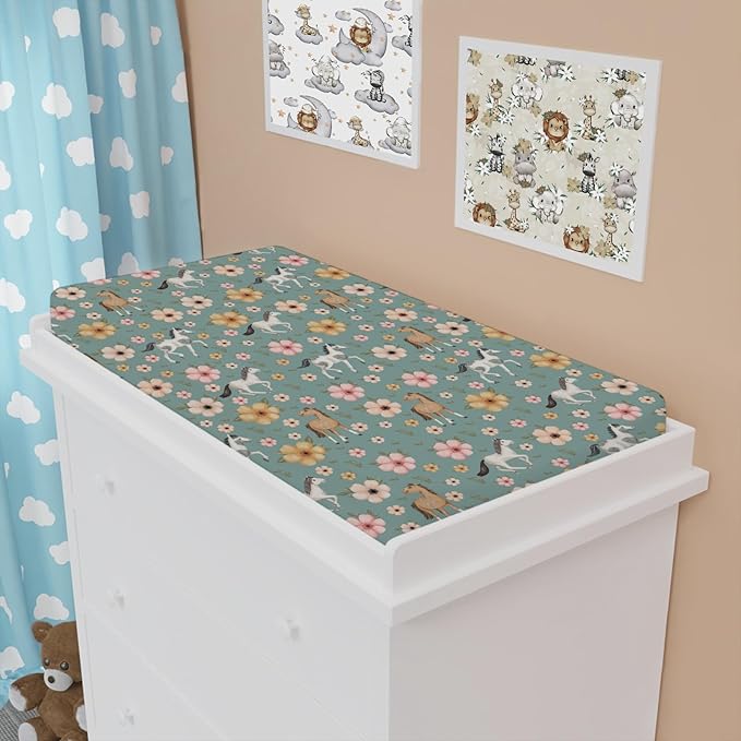 Watercolor Horse Boho Floral Changing Pad Cover Cute Horses Baby Diaper Change Table Pad Cover for Boys Girls Soft Breathable Stretch Snug Fitted Diaper Changing Mat Sheets Covers 32''x16'' Green
