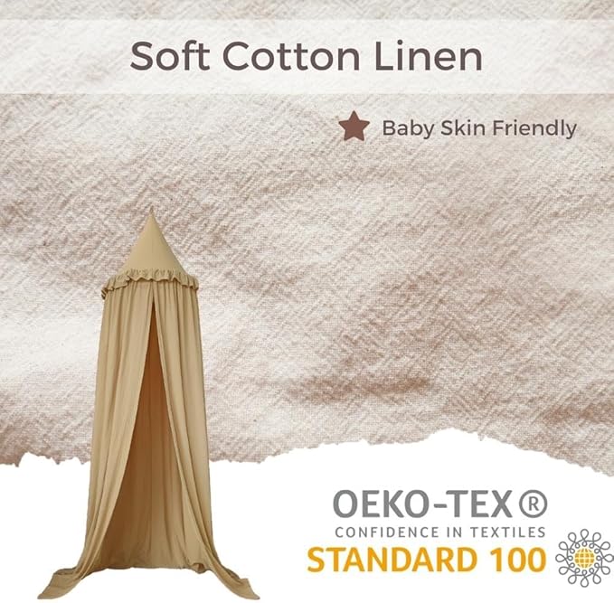 Wonder Space Kids Bed Canopy with Ruffles, Pastel Neutral Color for Boys & Girls, Frilled Cotton Tent Nursery Room Baby Crib Hanging Curtain Mosquito Netting Children Reading Nook Decoration (Khaki)