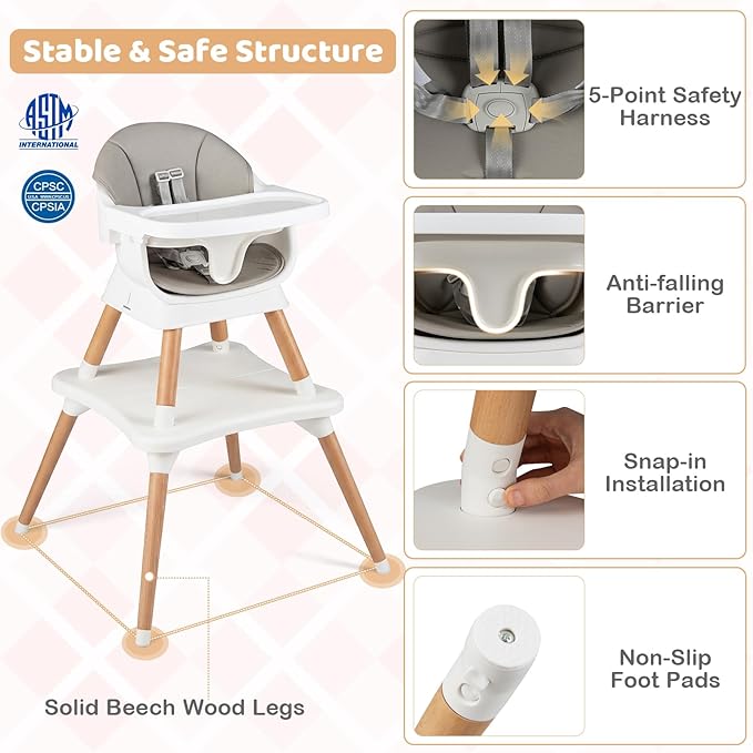 BABY JOY High Chair, 9-in-1 Convertible Highchairs for Babies and Toddlers, Booster Seat | Table & Chair Set | Stool, Adjustable Legs, Removable Tray, Safety Harness & PU Cushion (Gray)