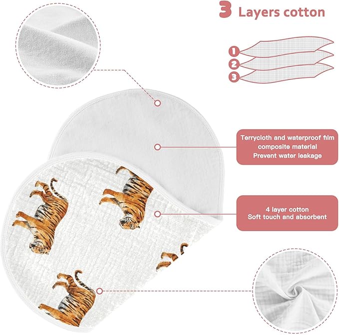 Tropical Tigers Animal Grey Burp Cloths Baby Boys Girls Absorbent Soft Cotton Burping Cloths Rags, 1 Pack